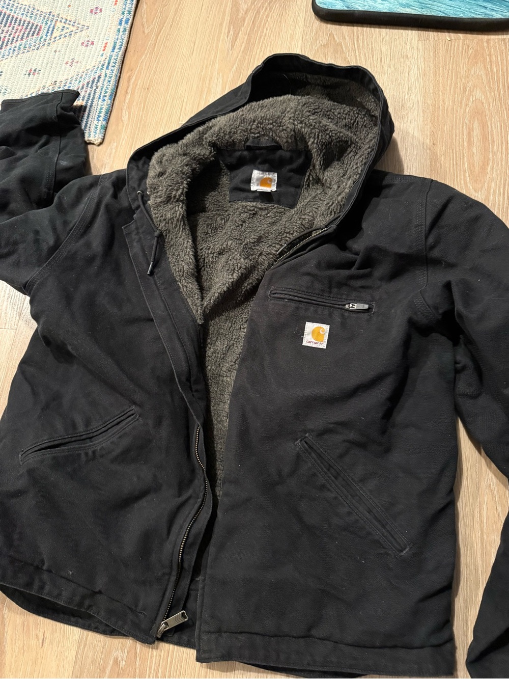 Carhartt Black Hooded Sherpa-Lined Canvas Jacket